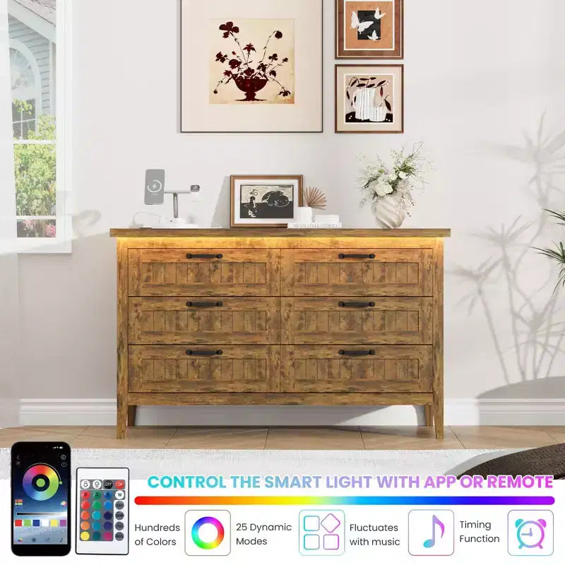 Cassettiera a 6 cassetti Nera / Marrone / Naturale / Bianca con Luce LED e Stazione di Ricarica, per 1 Persona