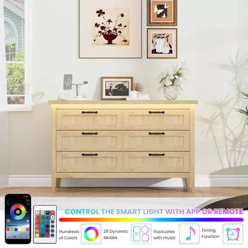 Cassettiera a 6 cassetti Nera / Marrone / Naturale / Bianca con Luce LED e Stazione di Ricarica, per 1 Persona