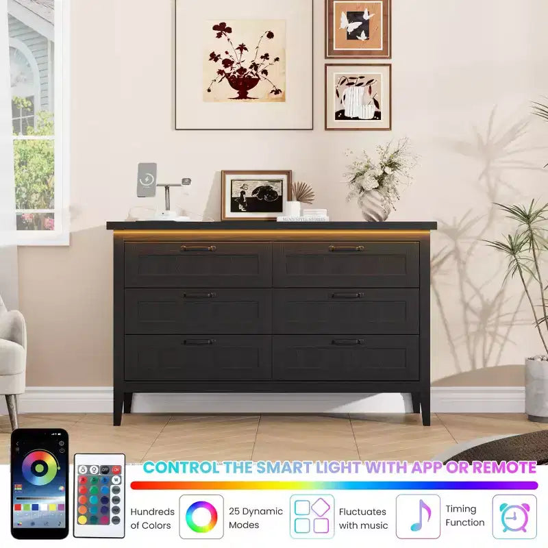 Cassettiera a 6 cassetti Nera / Marrone / Naturale / Bianca con Luce LED e Stazione di Ricarica, per 1 Persona