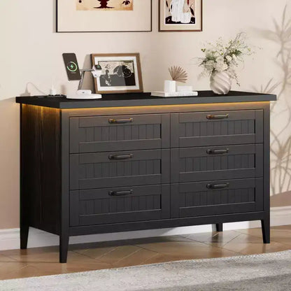 6-Drawer Dresser with Light & Charging Station, Modern Wide Chest of Drawers, Wood Storage Organizer Cabinet for Bedroom and Living Room