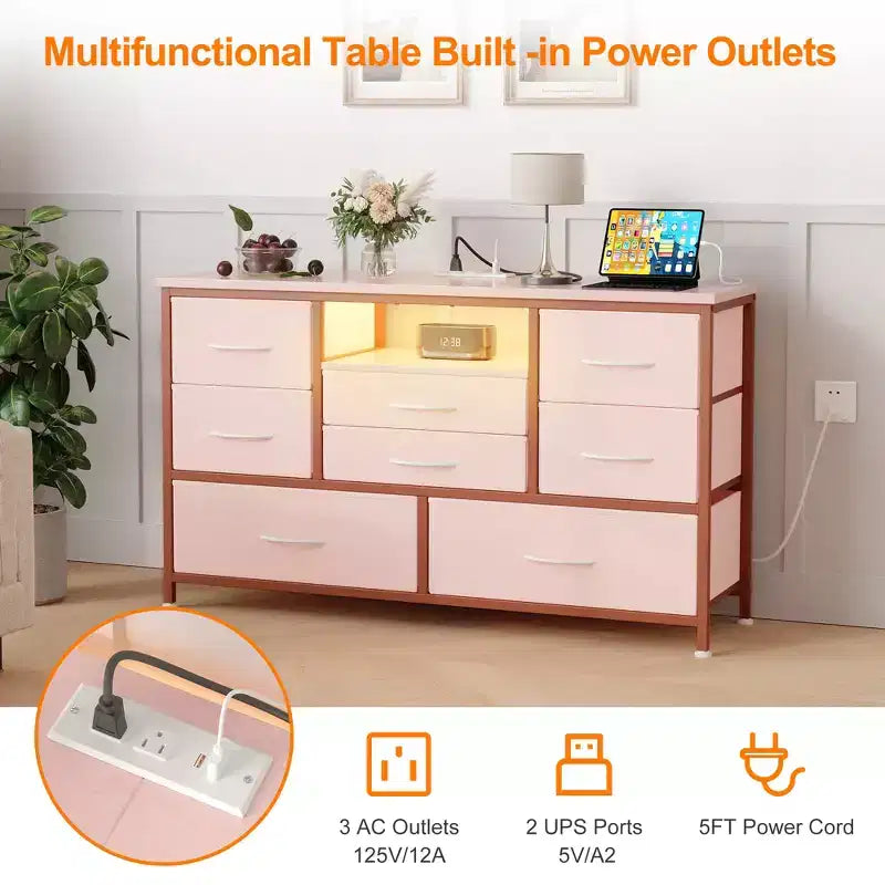 Mobile TV marrone con 8 cassetti, luci LED e presa di corrente integrata