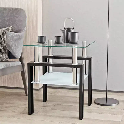 17.72 Transparent Black Tempered Glass Coffee Table, Square 2-Tier End Table with Metal Legs for Living Room Bedroom