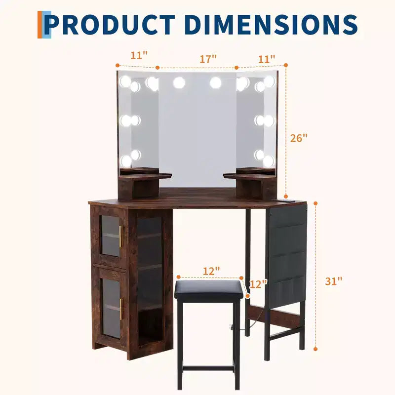 Set Toeletta Angolare Marrone con Specchio LED e Sgabello, 1 Persona