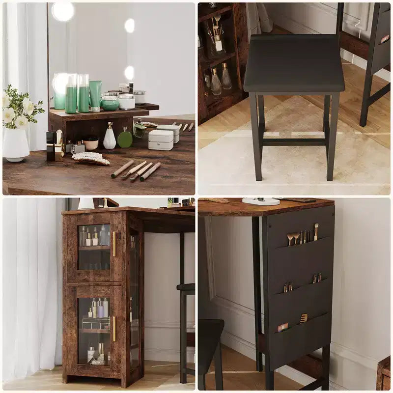 Set Toeletta Angolare Marrone con Specchio LED e Sgabello, 1 Persona