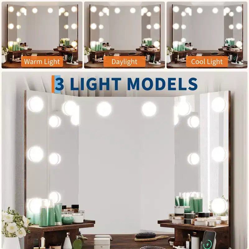Set Toeletta Angolare Marrone con Specchio LED e Sgabello, 1 Persona