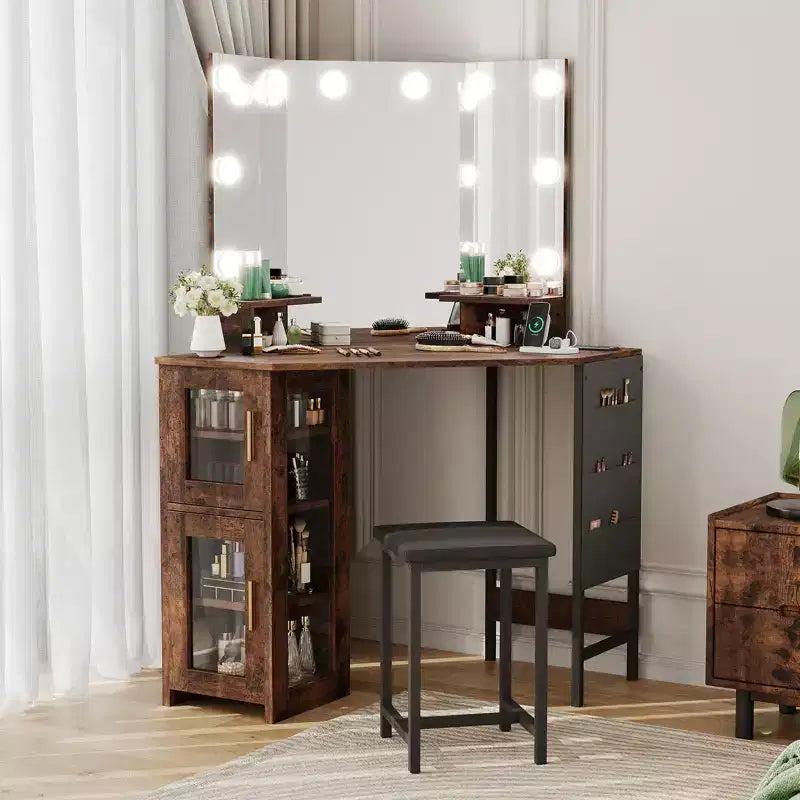 Set Toeletta Angolare Marrone con Specchio LED e Sgabello, 1 Persona