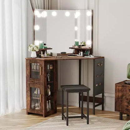 Set Toeletta Angolare Marrone con Specchio LED e Sgabello, 1 Persona