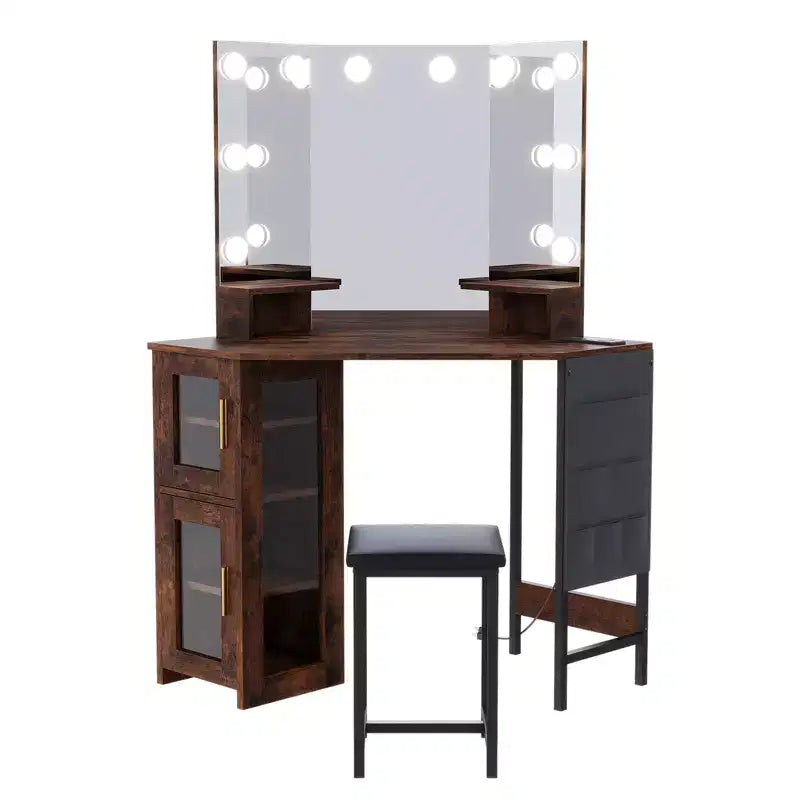 Set Toeletta Angolare Marrone con Specchio LED e Sgabello, 1 Persona