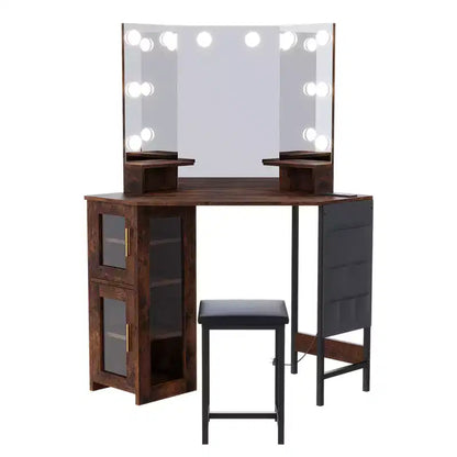 Set Toeletta Angolare Marrone con Specchio LED e Sgabello, 1 Persona
