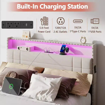Telaio letto matrimoniale alla francese beige, imbottito, 1 posto