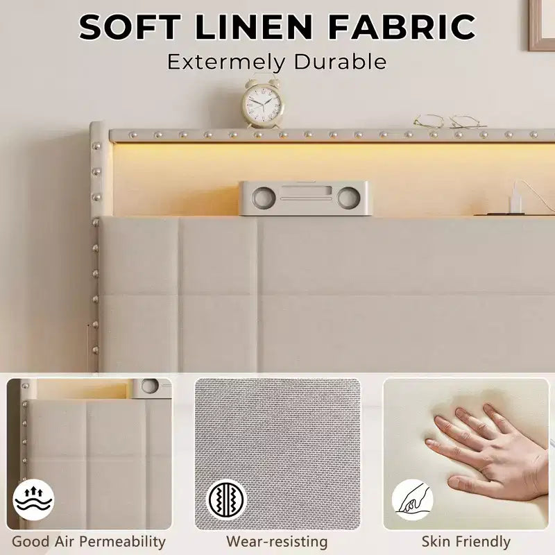 Telaio letto matrimoniale alla francese beige, imbottito, 1 posto