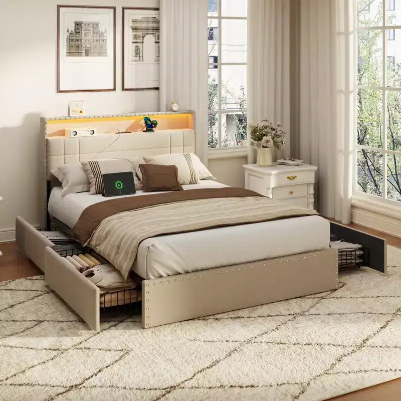 Telaio letto matrimoniale alla francese beige, imbottito, 1 posto