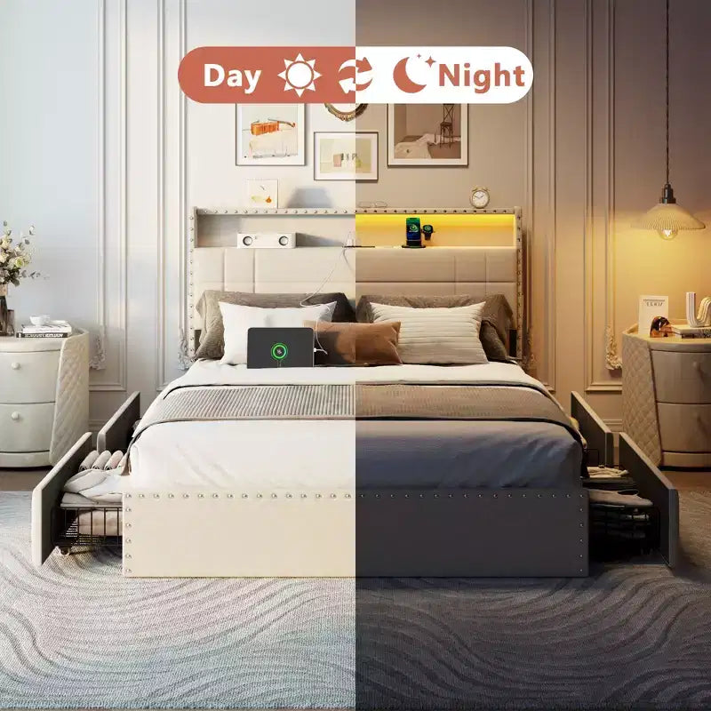 Telaio letto matrimoniale alla francese beige, imbottito, 1 posto