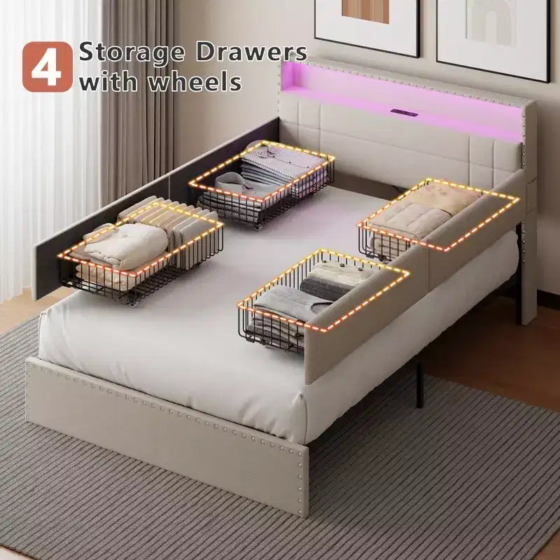 Telaio letto matrimoniale alla francese beige, imbottito, 1 posto