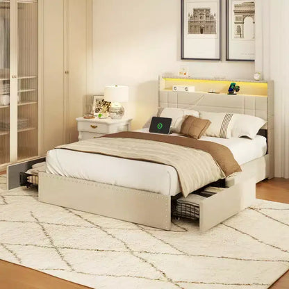 Telaio letto matrimoniale alla francese beige, imbottito, 1 posto