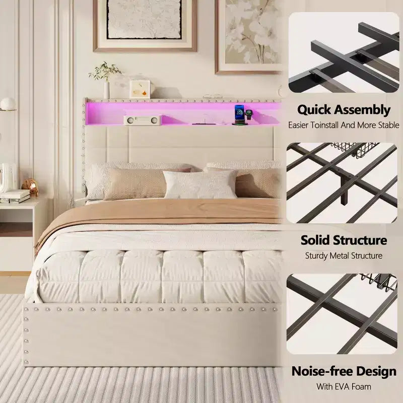 Telaio letto matrimoniale alla francese beige, imbottito, 1 posto