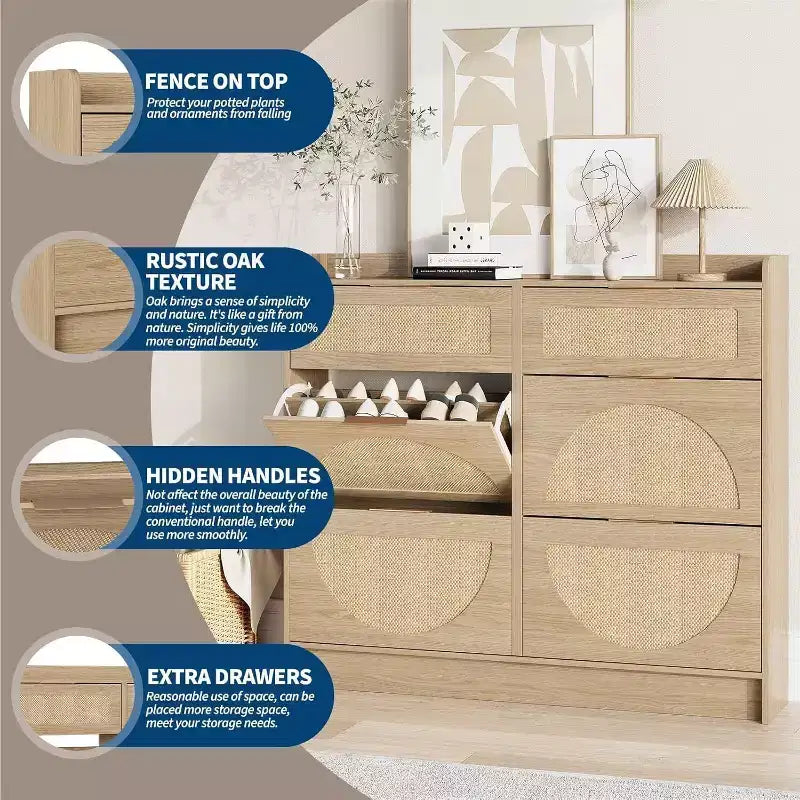 Scarpiera da terra a 4 cassetti effetto rattan marrone/kaki, per abitazioni singole
