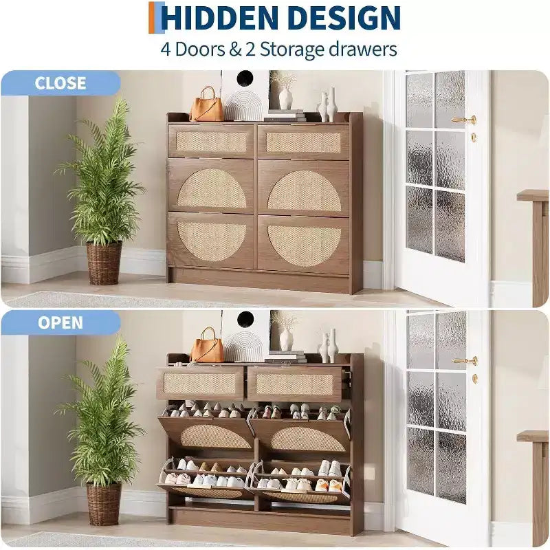Scarpiera da terra a 4 cassetti effetto rattan marrone/kaki, per abitazioni singole