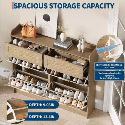 Scarpiera da terra a 4 cassetti effetto rattan marrone/kaki, per abitazioni singole