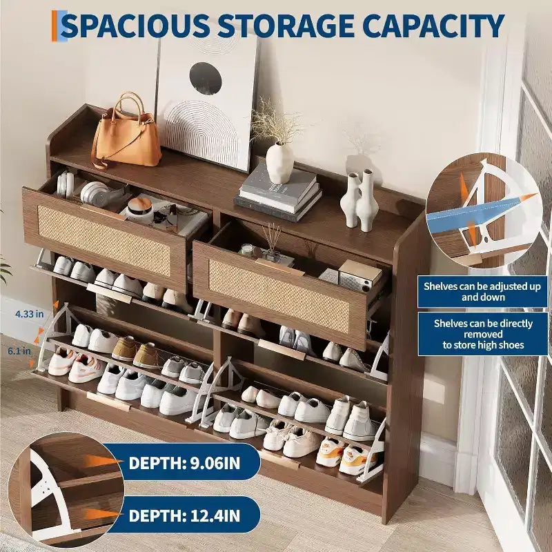 Scarpiera da terra a 4 cassetti effetto rattan marrone/kaki, per abitazioni singole