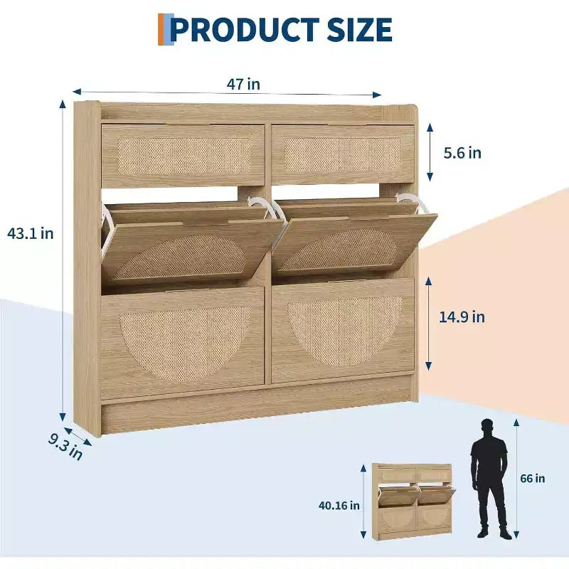 Scarpiera da terra a 4 cassetti effetto rattan marrone/kaki, per abitazioni singole
