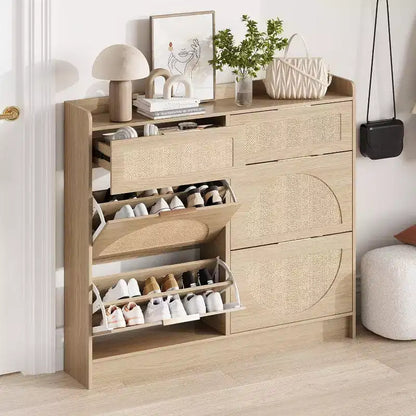 Scarpiera da terra a 4 cassetti effetto rattan marrone/kaki, per abitazioni singole