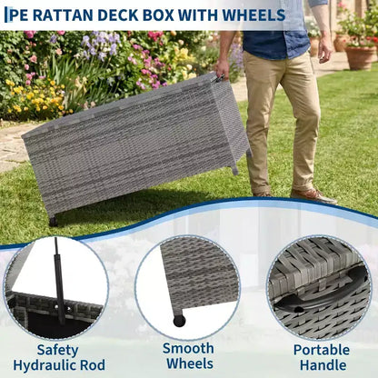 Baule da esterno marrone/grigio in PE rattan con ruote – 473 L, per 1 persona