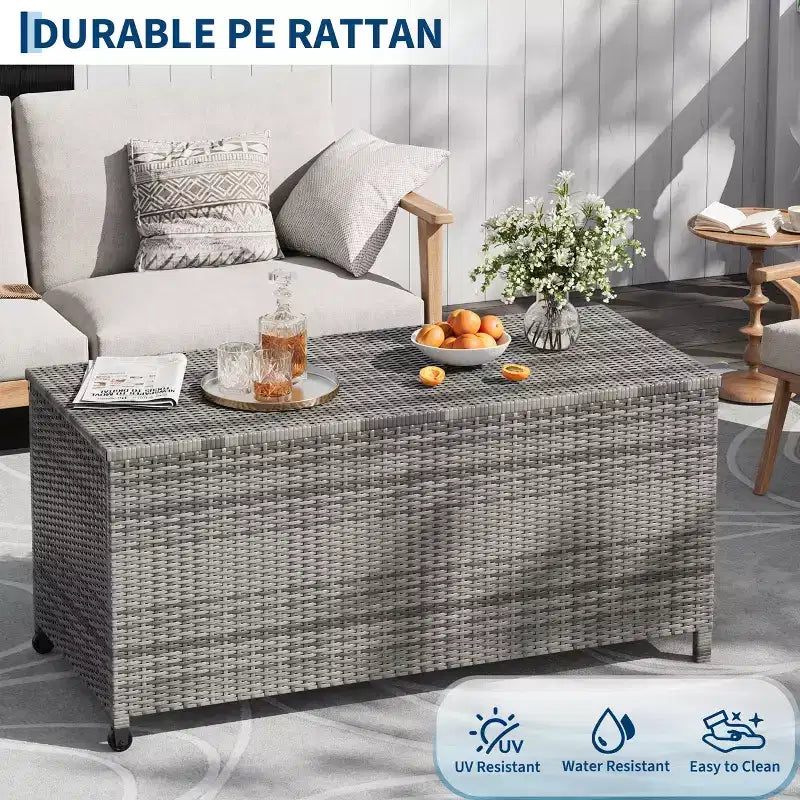 Baule da esterno marrone/grigio in PE rattan con ruote – 473 L, per 1 persona