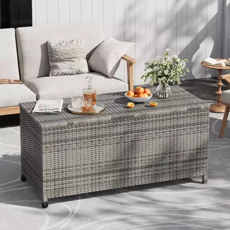 Baule da esterno marrone/grigio in PE rattan con ruote – 473 L, per 1 persona