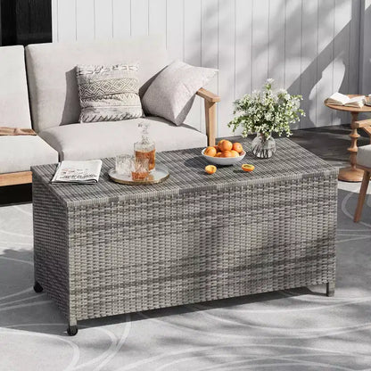 Baule da esterno marrone/grigio in PE rattan con ruote – 473 L, per 1 persona