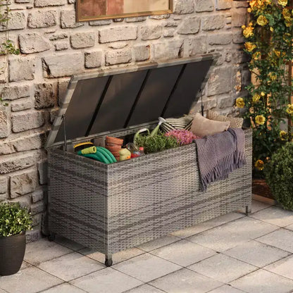 Baule da esterno marrone/grigio in PE rattan con ruote – 473 L, per 1 persona