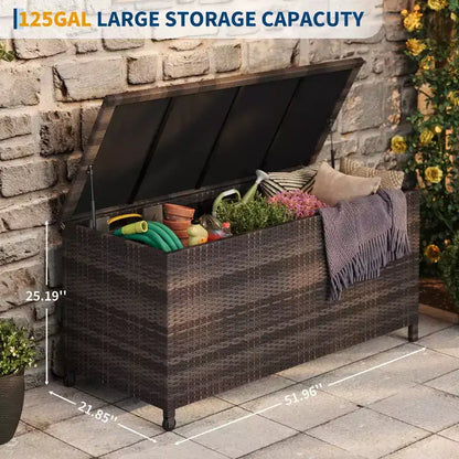 Baule da esterno marrone/grigio in PE rattan con ruote – 473 L, per 1 persona