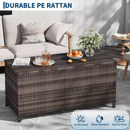 Baule da esterno marrone/grigio in PE rattan con ruote – 473 L, per 1 persona
