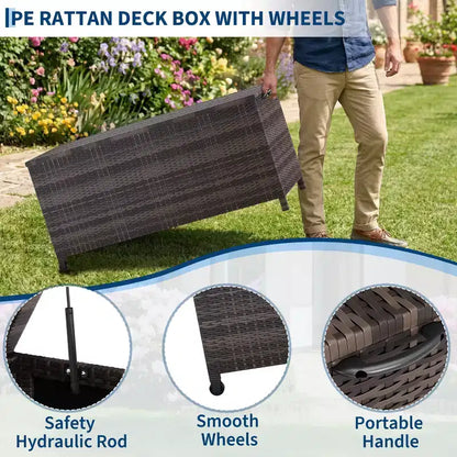Baule da esterno marrone/grigio in PE rattan con ruote – 473 L, per 1 persona