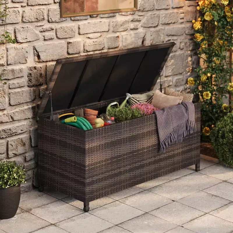 Baule da esterno marrone/grigio in PE rattan con ruote – 473 L, per 1 persona