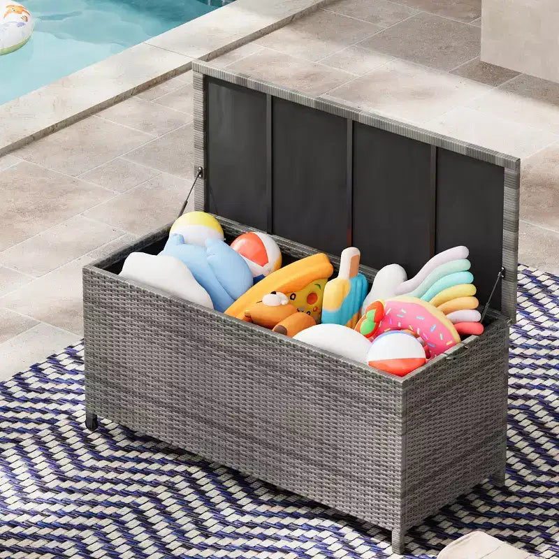 Baule da esterno marrone/grigio in PE rattan con ruote – 473 L, per 1 persona