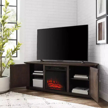 Noce Scuro / Nero / Rovere Ghiacciato, Mobile TV ad Angolo con Camino Elettrico, Adatto a TV fino a 65"