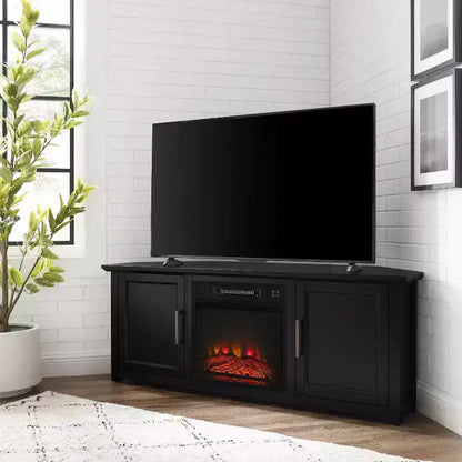 Noce Scuro / Nero / Rovere Ghiacciato, Mobile TV ad Angolo con Camino Elettrico, Adatto a TV fino a 65"
