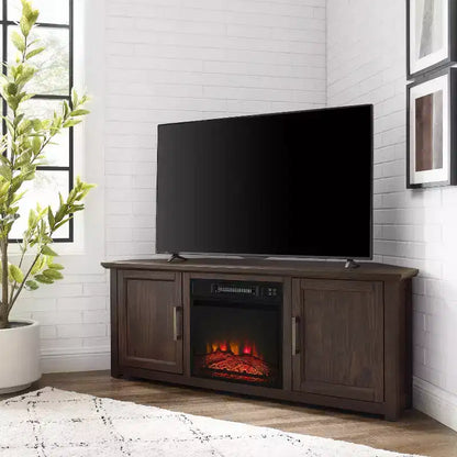 Noce Scuro / Nero / Rovere Ghiacciato, Mobile TV ad Angolo con Camino Elettrico, Adatto a TV fino a 65"