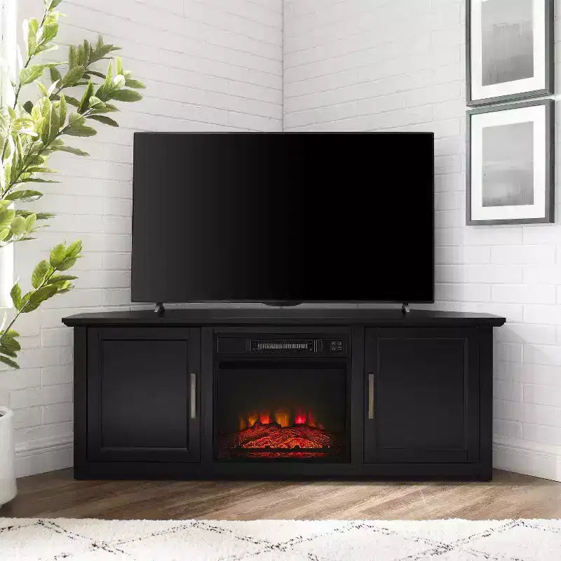 Noce Scuro / Nero / Rovere Ghiacciato, Mobile TV ad Angolo con Camino Elettrico, Adatto a TV fino a 65"