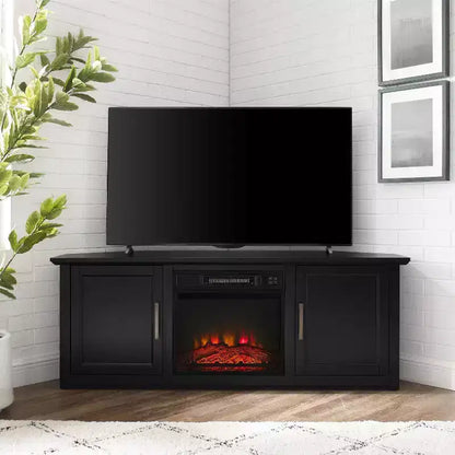 Noce Scuro / Nero / Rovere Ghiacciato, Mobile TV ad Angolo con Camino Elettrico, Adatto a TV fino a 65"