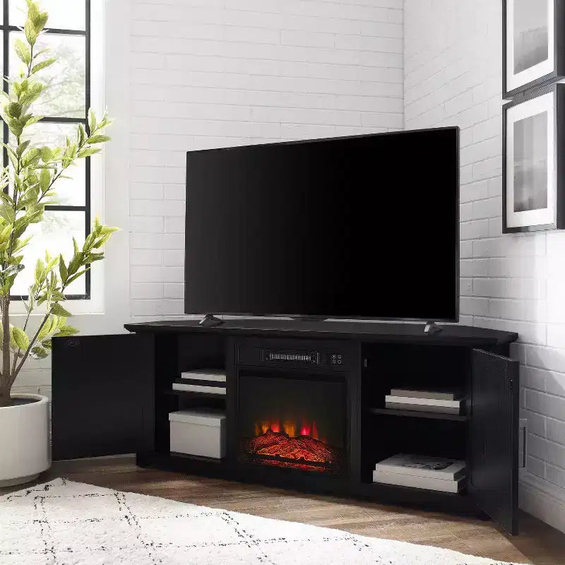 Noce Scuro / Nero / Rovere Ghiacciato, Mobile TV ad Angolo con Camino Elettrico, Adatto a TV fino a 65"