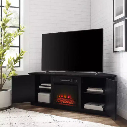 Noce Scuro / Nero / Rovere Ghiacciato, Mobile TV ad Angolo con Camino Elettrico, Adatto a TV fino a 65"