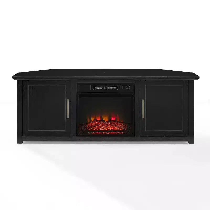 Noce Scuro / Nero / Rovere Ghiacciato, Mobile TV ad Angolo con Camino Elettrico, Adatto a TV fino a 65"