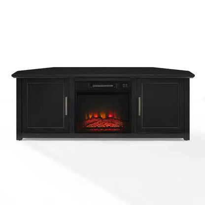 Noce Scuro / Nero / Rovere Ghiacciato, Mobile TV ad Angolo con Camino Elettrico, Adatto a TV fino a 65"