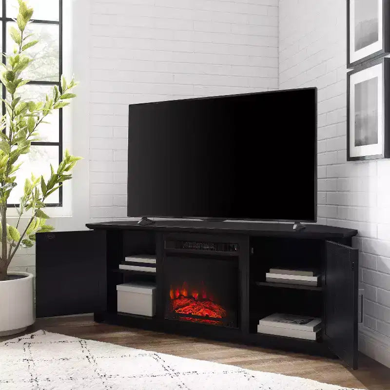 Noce Scuro / Nero / Rovere Ghiacciato, Mobile TV ad Angolo con Camino Elettrico, Adatto a TV fino a 65"
