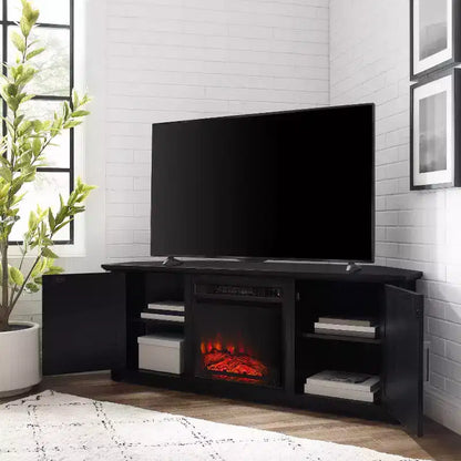 Noce Scuro / Nero / Rovere Ghiacciato, Mobile TV ad Angolo con Camino Elettrico, Adatto a TV fino a 65"