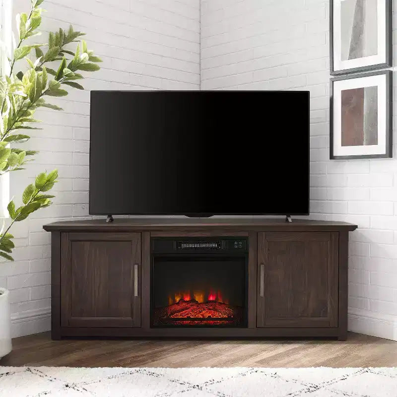Noce Scuro / Nero / Rovere Ghiacciato, Mobile TV ad Angolo con Camino Elettrico, Adatto a TV fino a 65"