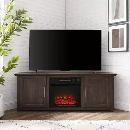 Noce Scuro / Nero / Rovere Ghiacciato, Mobile TV ad Angolo con Camino Elettrico, Adatto a TV fino a 65"