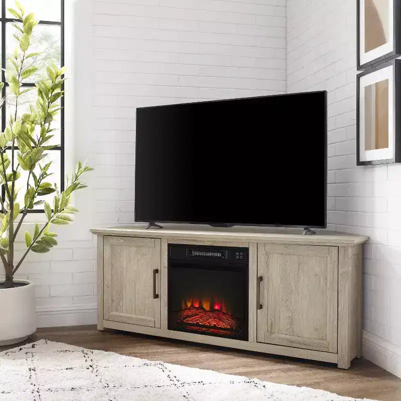 Noce Scuro / Nero / Rovere Ghiacciato, Mobile TV ad Angolo con Camino Elettrico, Adatto a TV fino a 65"